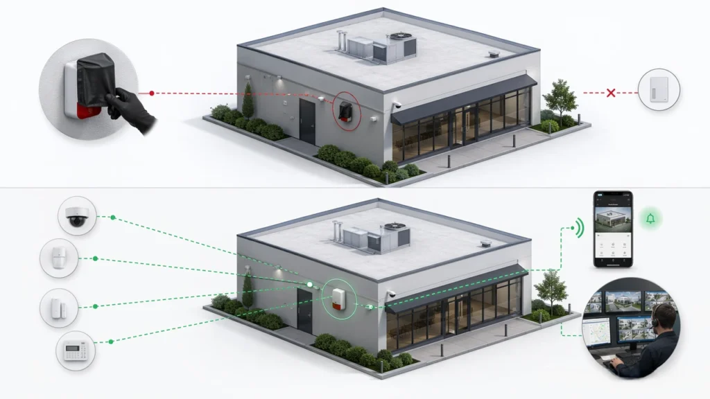 Alarm system redundancy vs single point failure illustration with siren blocking and mobile alert monitoring