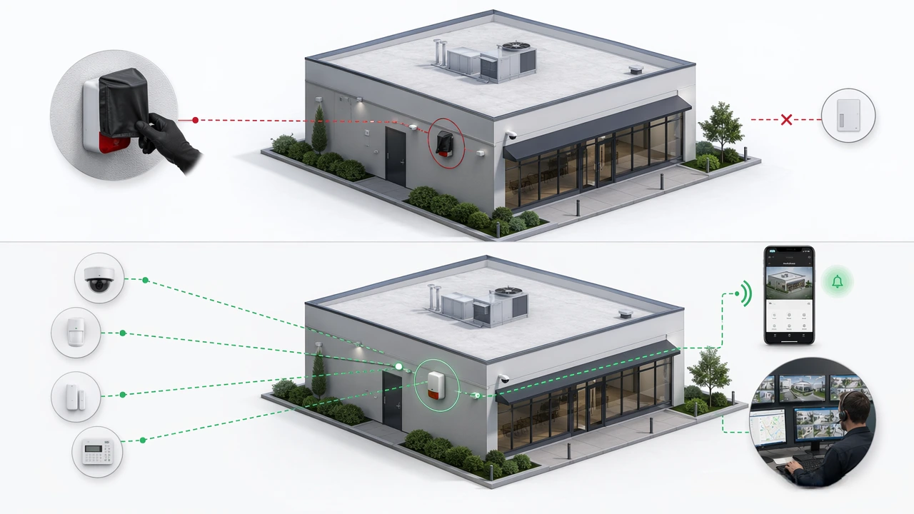 Alarm system redundancy vs single point failure illustration with siren blocking and mobile alert monitoring