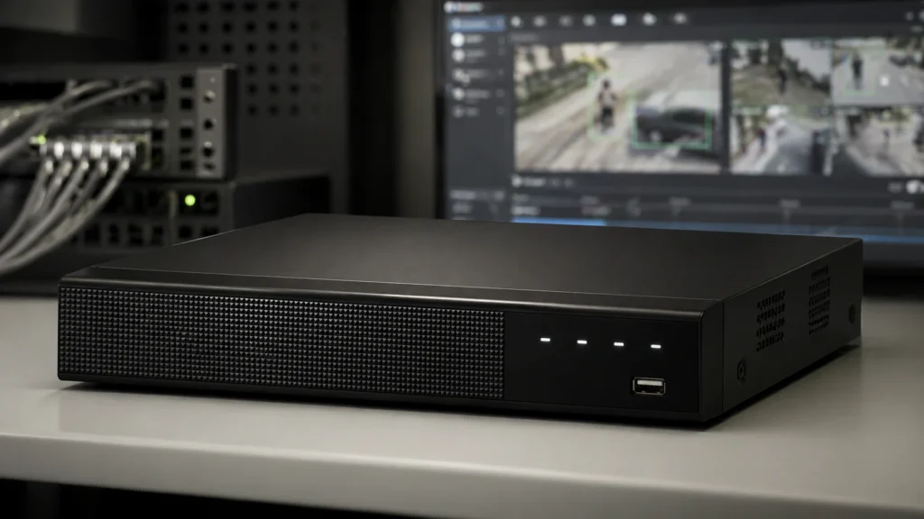 Modern unbranded NVR recorder with AI-searchable security video interface in the background