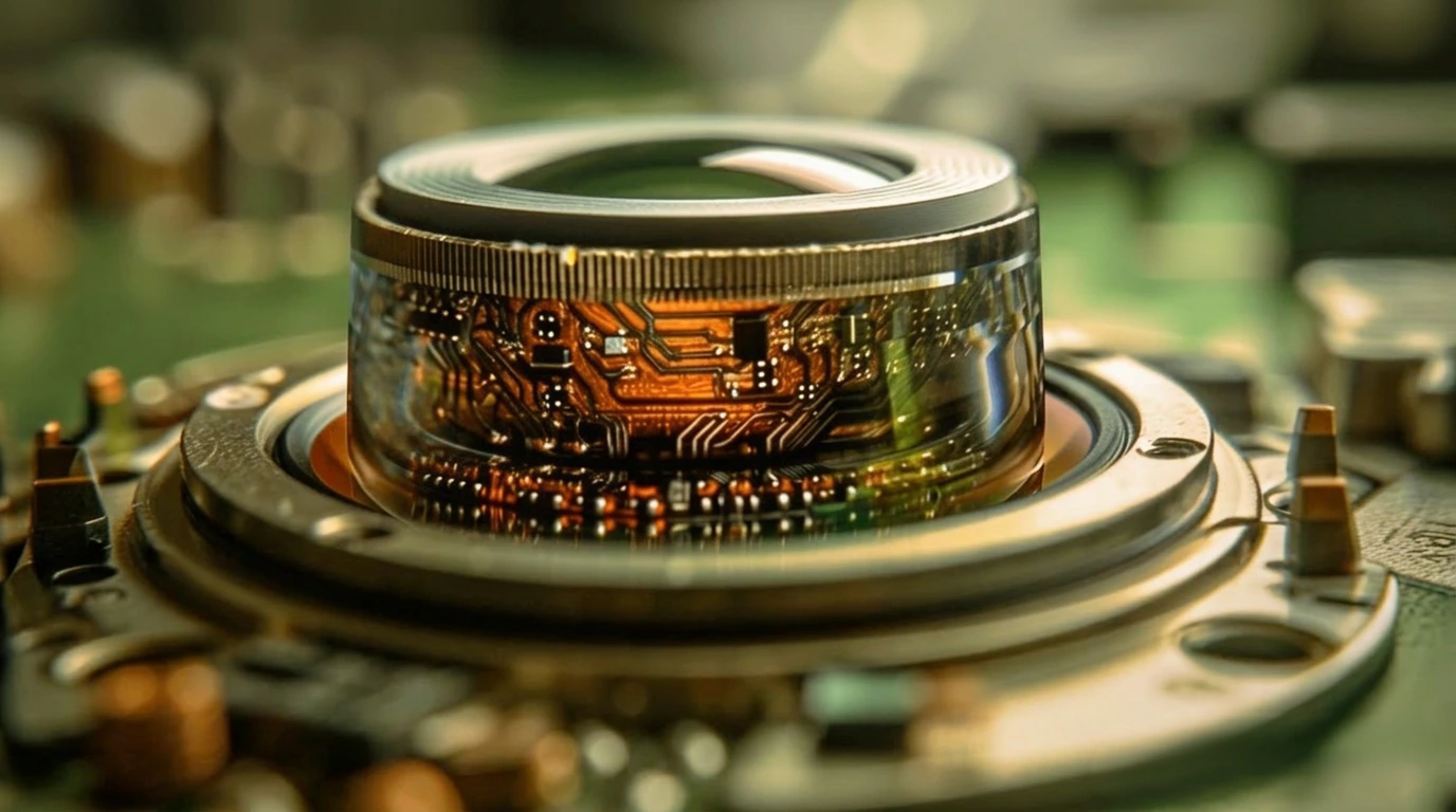 Security camera resolution concept showing a camera lens and image sensor detail for megapixel image quality