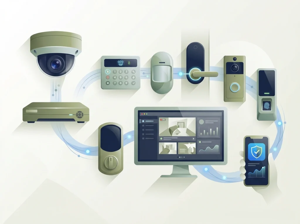 Modern security system with CCTV, alarm, NVR, access control and mobile monitoring
