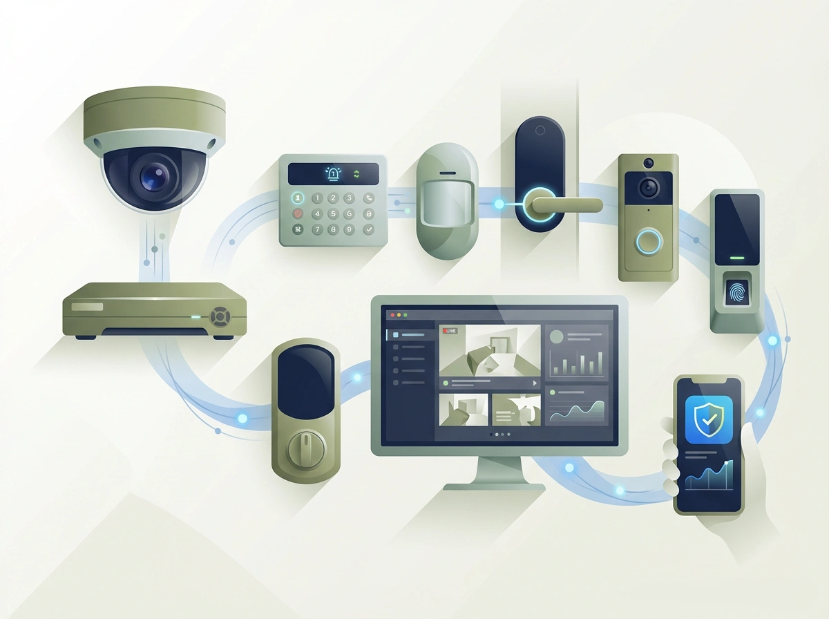 Modern security technology ecosystem showing CCTV camera, NVR system, alarm panel, smart lock, access control, and mobile monitoring dashboard connected in a layered security system