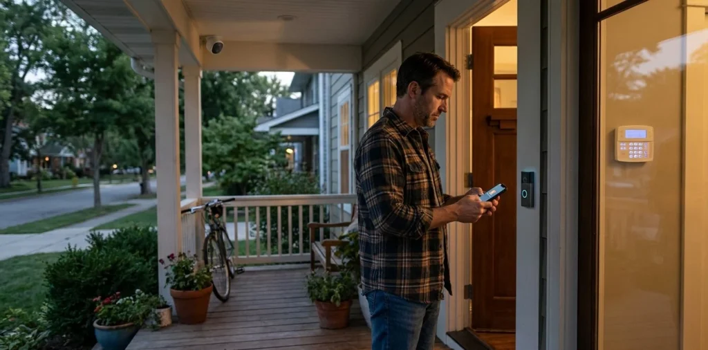Smart home security and professional alarm system setup with video doorbell, alarm keypad and homeowner using phone