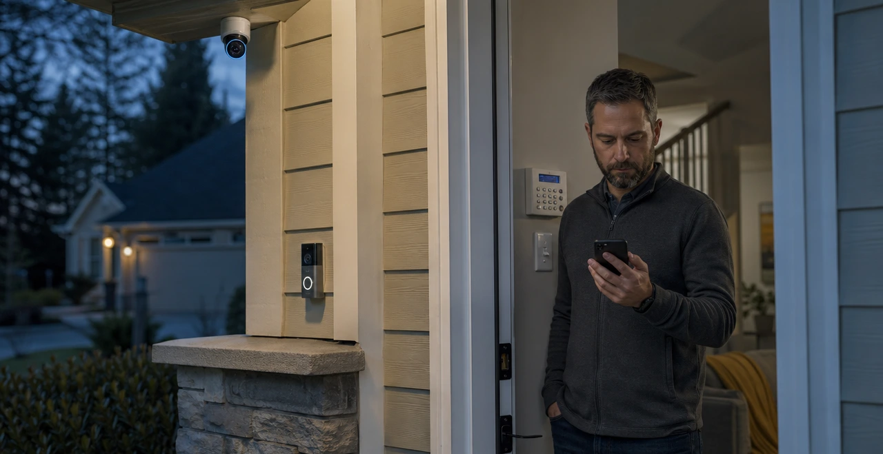 Homeowner checking a smart security alert beside an alarm keypad video doorbell and outdoor security camera
