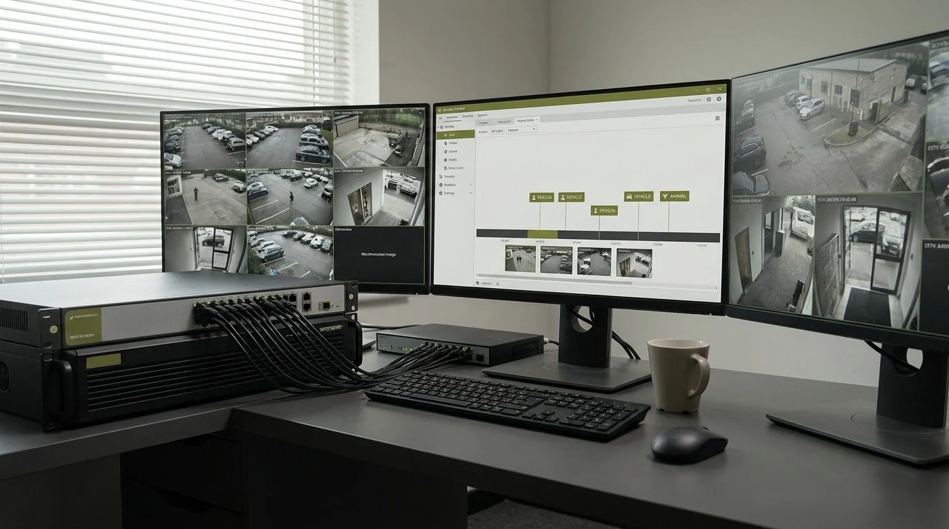 Modern NVR security camera system with AI-searchable video timeline showing person vehicle and animal detection events