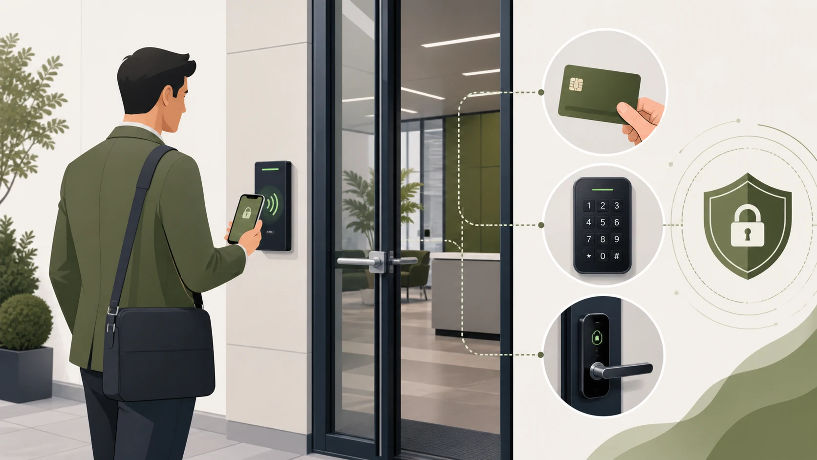 Modern access control system with keycard entry PIN code keypad smart lock and secure business door