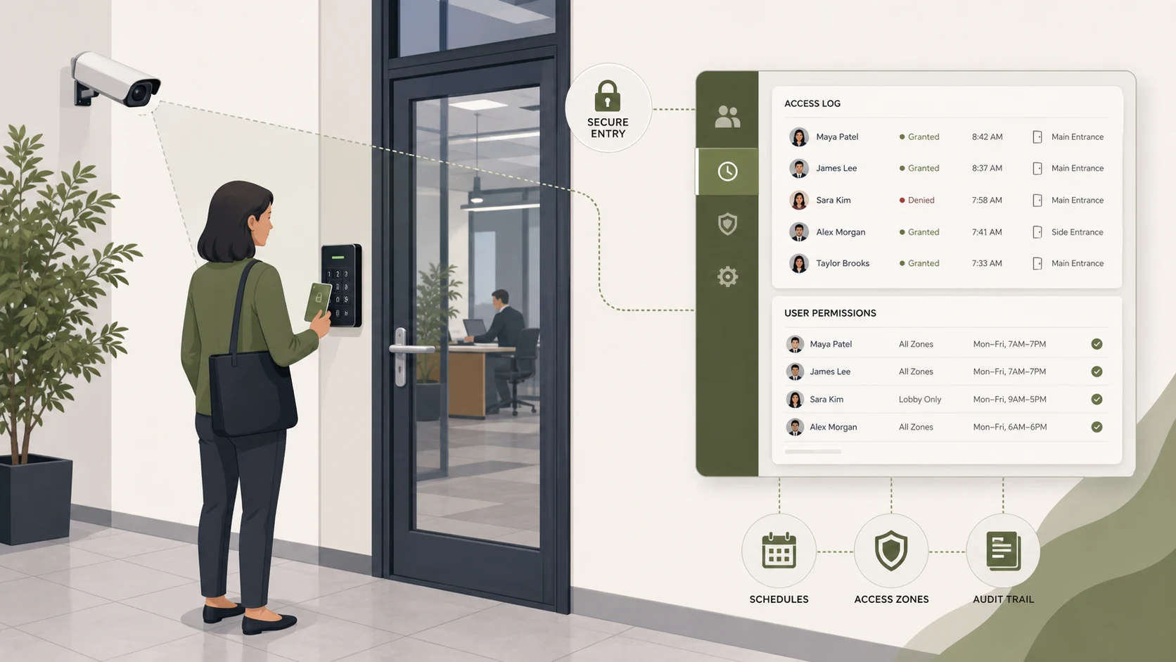 Business access control entry system with smart lock keypad card reader phone credential and secure office entrance